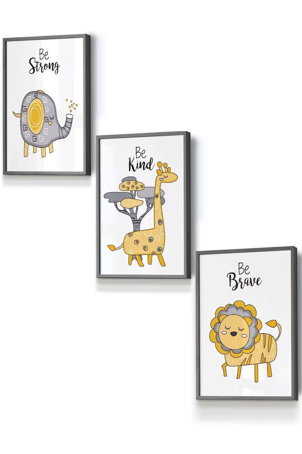 Set of 3 Dark Grey Framed Scandi Nursery Elephant Animals Quote Yellow Grey Wall Art